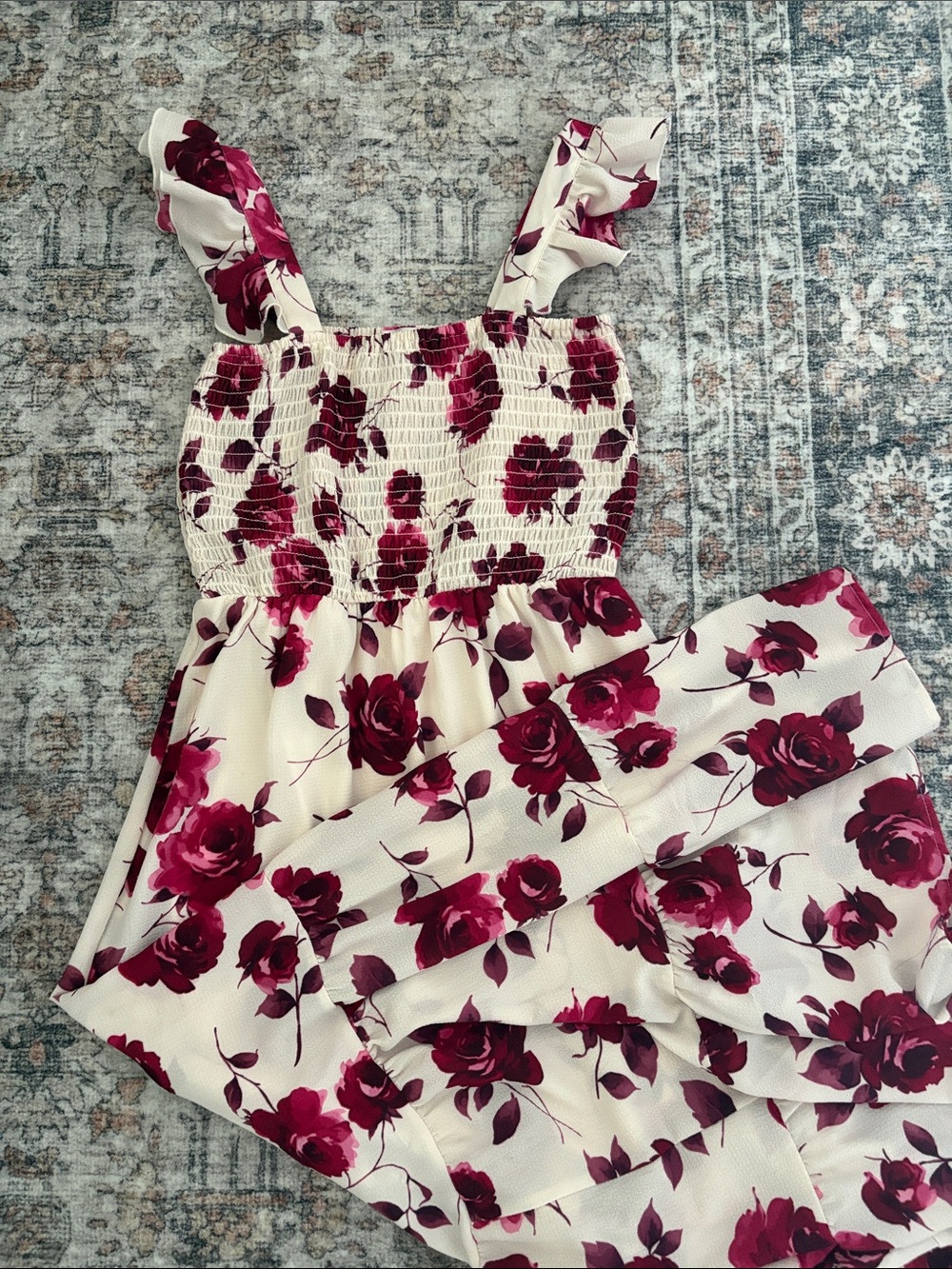 Cream Maxi Dress with Pink Rose Print and Smocked Bodice